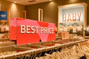 Image of a baby clothing store interior with a prominent 'Best Price' sign on display rack.